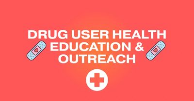 Drug user health education and outreach with medical icons on red background.