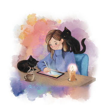 Girl drawing on tablet with two black cats nearby and a lit candle.