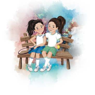 Two girls in sportswear sitting on a bench with tennis gear.