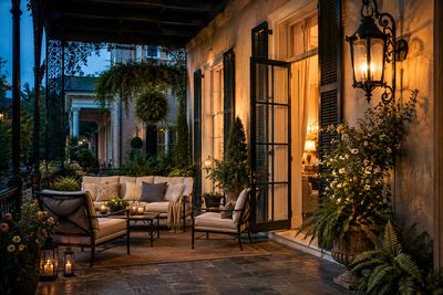 Cozy outdoor patio with warm lighting in the evening.