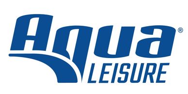 Blue Aqua Leisure logo with stylized text and wave graphic.