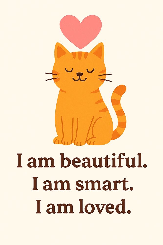 Cute orange cat with a heart and positive affirmations.