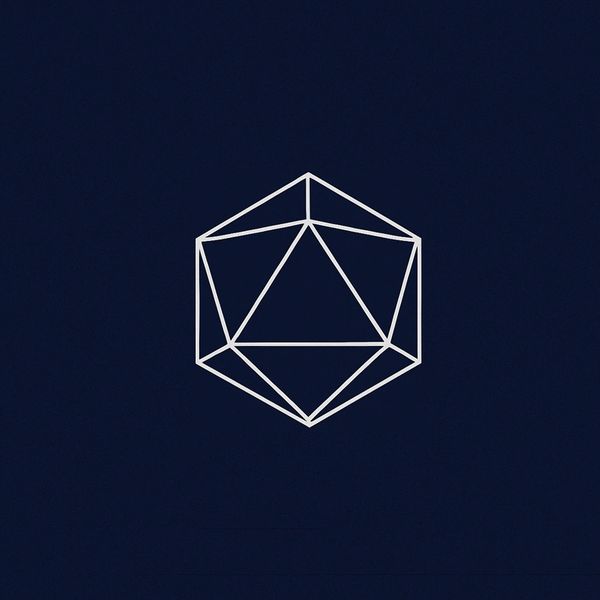 White geometric wireframe shape on dark blue background.
