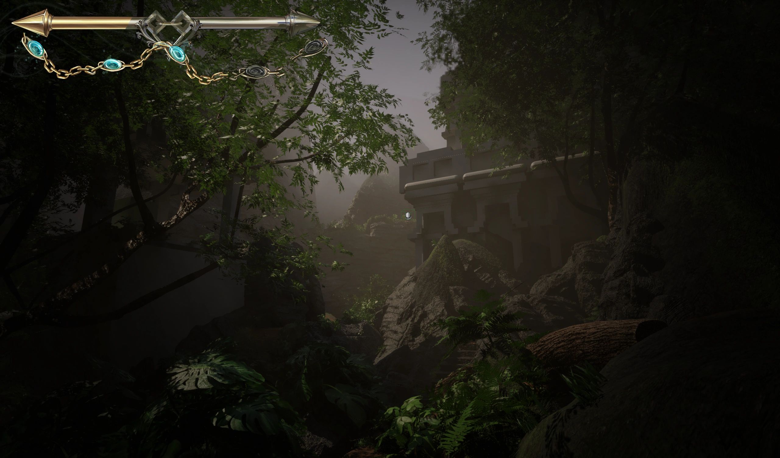 A mystical forest scene with ancient ruins and a glowing status bar.