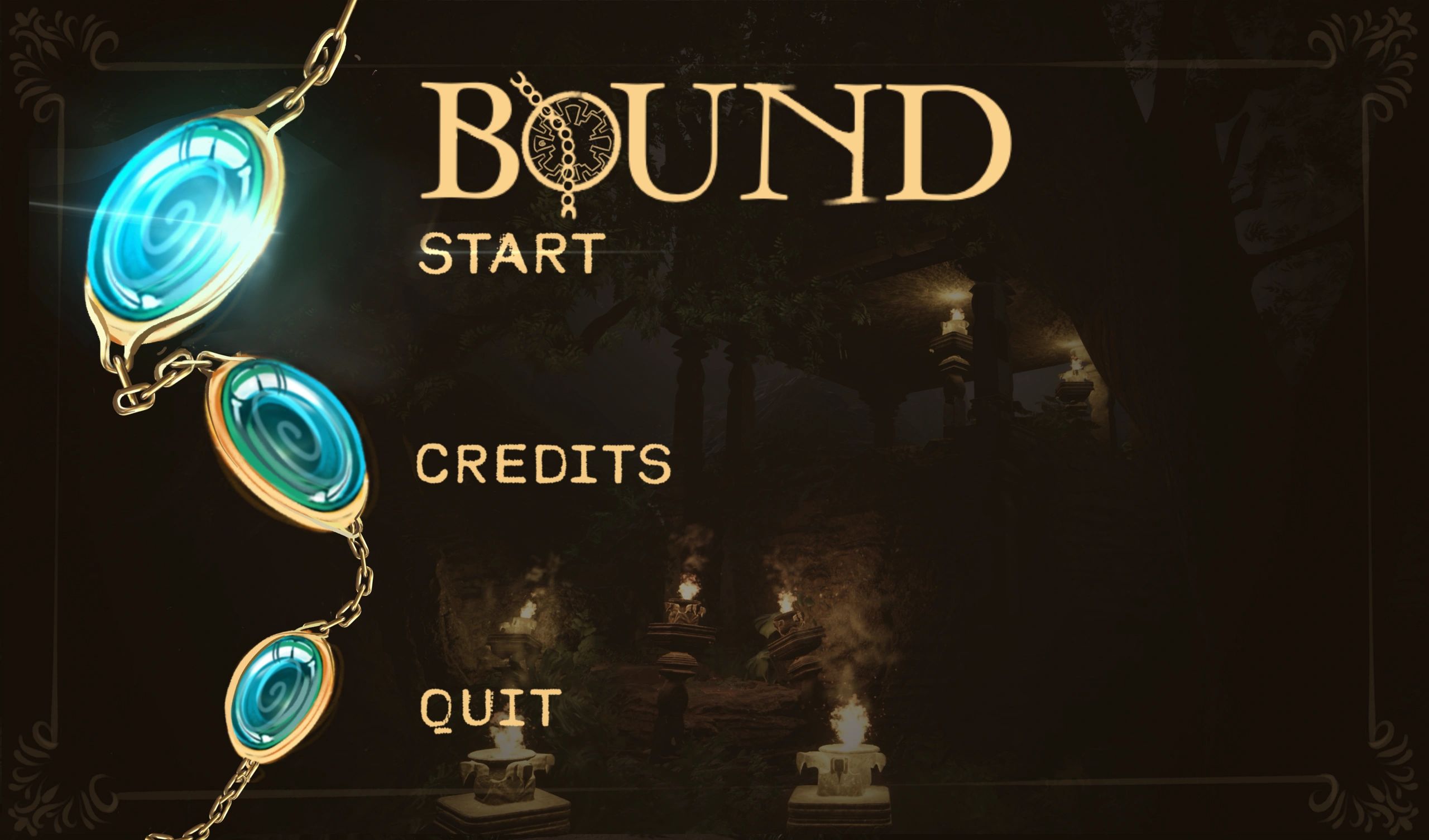 Game start menu of "Bound" with mystical blue amulet design.