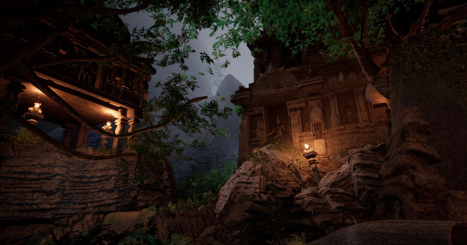 Ancient temple ruins softly lit by torches amidst lush greenery and rocky terrain.