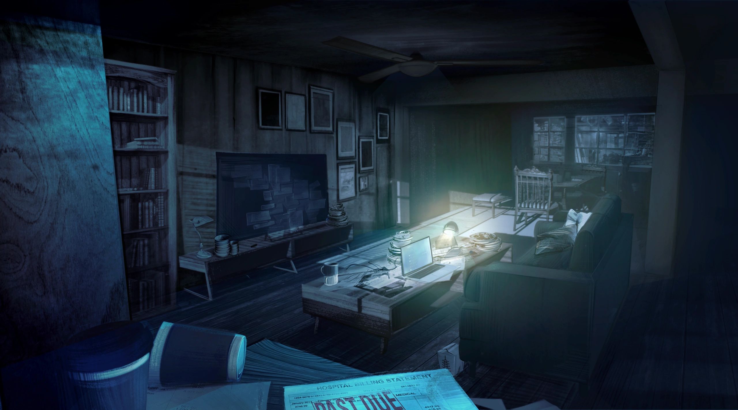 Dimly lit room with cluttered table and laptop glowing in the dark.