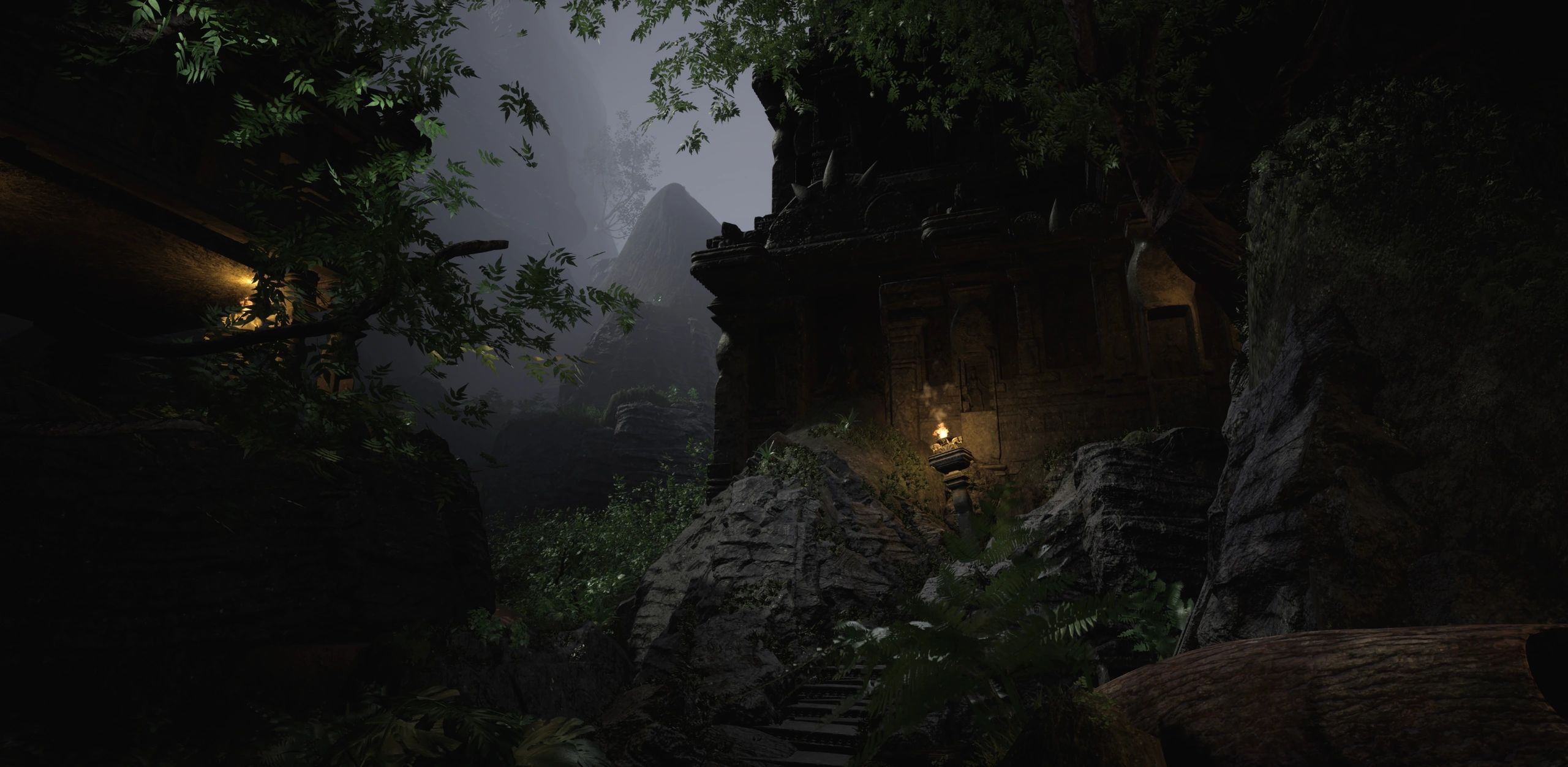 Ancient ruins hidden in a dark, dense jungle with torchlight.