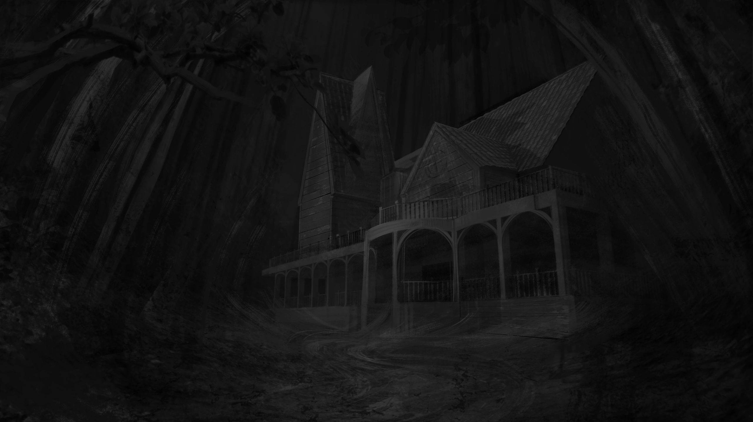 A dark, eerie house with tall, pointed roofs in a shadowy forest.