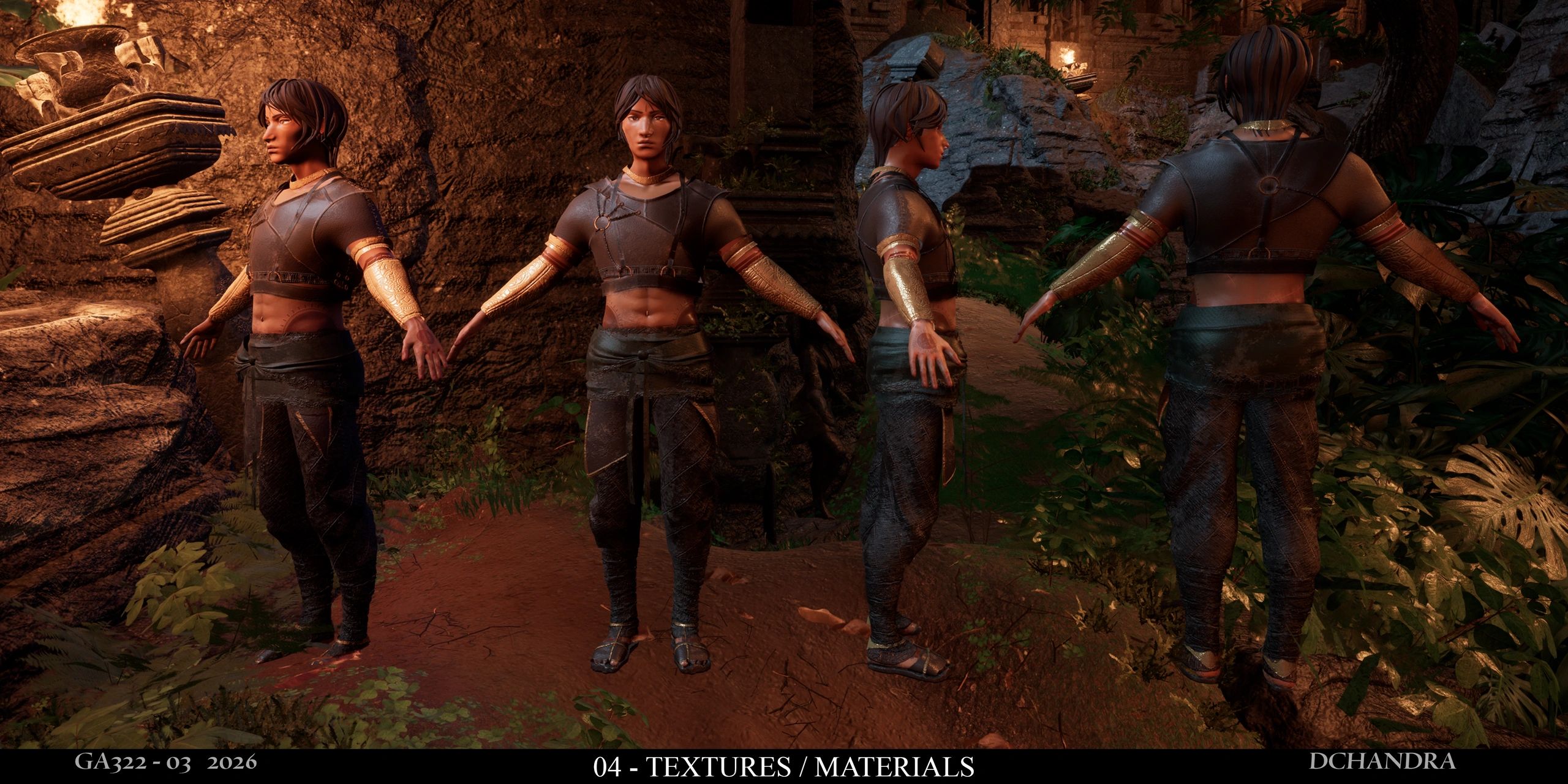 3D character model showcasing detailed textures and materials in various views.