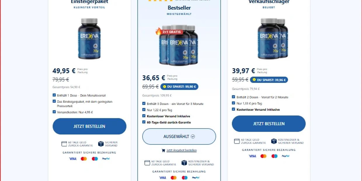 Drei Preisoptionen für Erexiva Nahrungsergänzungsmittel mit Rabatten und Versandinformationen.