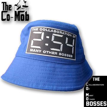 Blue bucket hat with a patch displaying '2:54' and collaboration text.