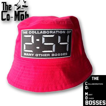 Bright pink bucket hat with a patch reading 'The collaboration of 2:54 many other bosses.'
