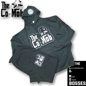 Black hoodie and sweatpants set with The Co-Mob logo.
