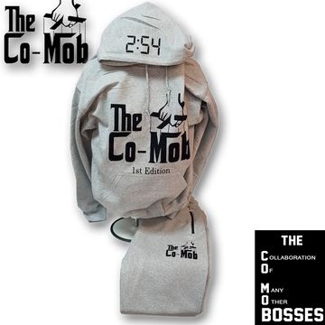 Gray hoodie and pants set with The Co-Mob logo and 2:54 on hood.