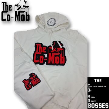 White hoodie and pants set with bold red and black "The Co-Mob" logo.