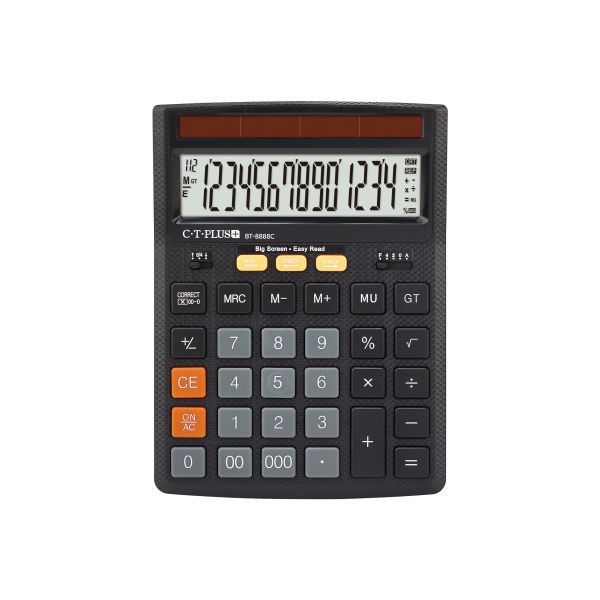 Black C.T-PLUS calculator with large display and multiple function keys.