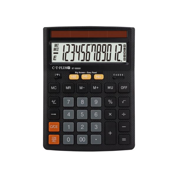 Black CT-PLUS calculator with large display and orange function buttons.