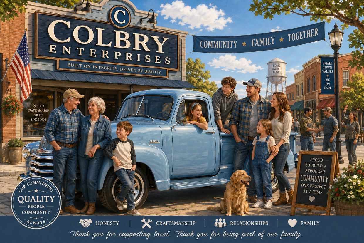 A multi-generational family stands happily around a vintage blue truck in front of Colbry Enterprises.