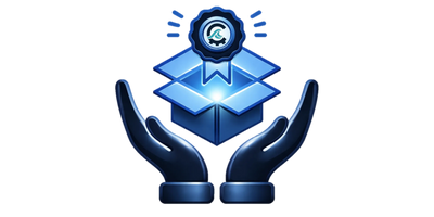 Two hands hold an open box with a badge above it, symbolizing quality or achievement.