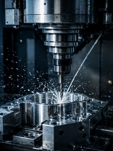 CNC milling machine machining a metal part with coolant spray.