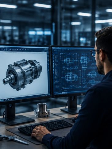 Engineer designing a mechanical part using CAD software on dual monitors.