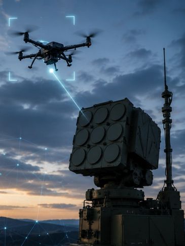 Military drone targeting system tracking a flying drone at dusk.