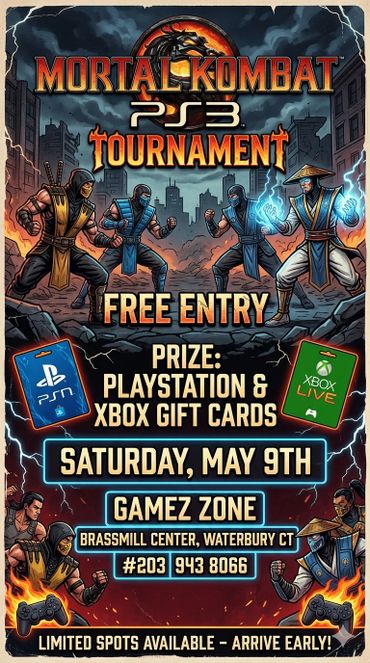 Mortal Kombat PS3 tournament with free entry and gift card prizes.