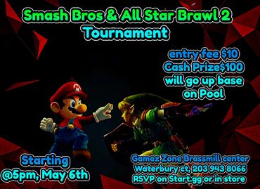 Smash Bros &amp; All Star Brawl 2 Tournament announcement with Mario and Link characters.