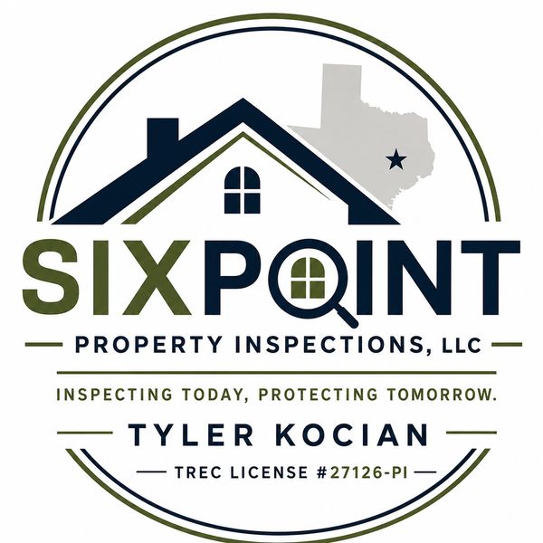 Logo for Six Point Property Inspections with a house and Texas map.