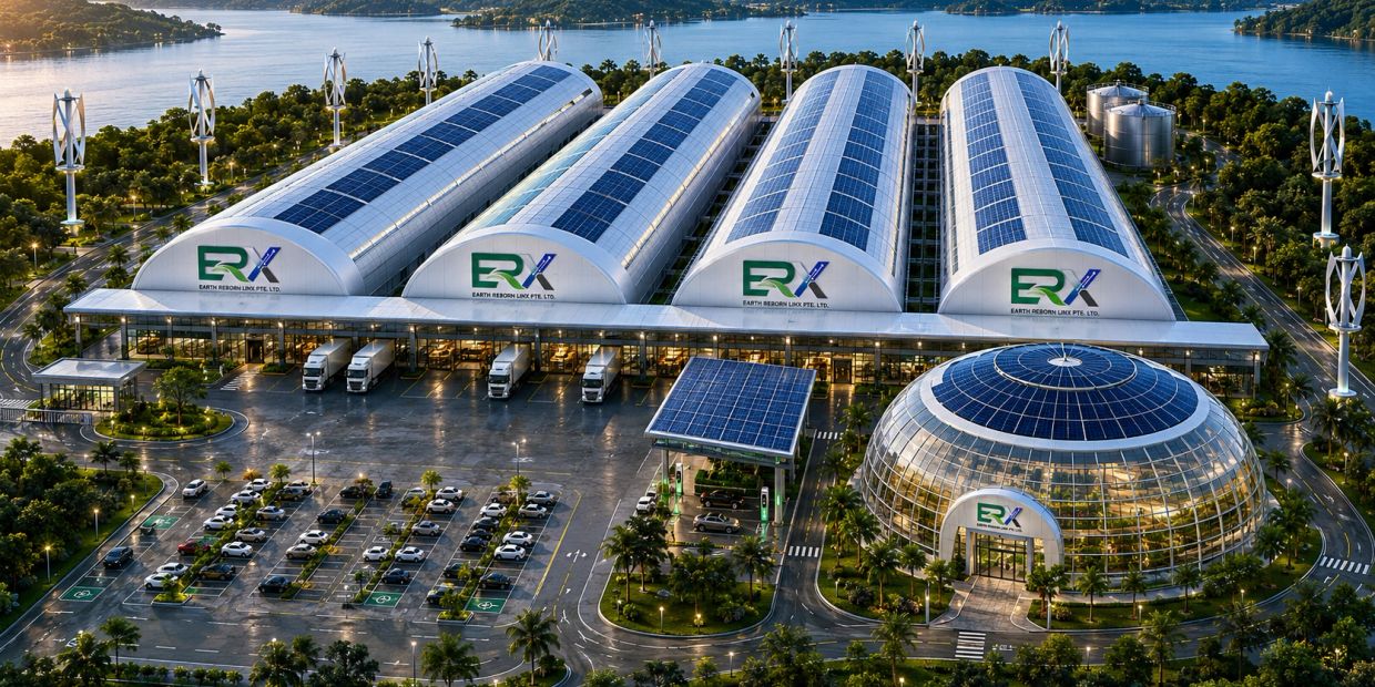 Solar-powered ERX facility with wind turbines and electric vehicle charging stations.
