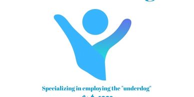 A blue abstract figure with arms raised and a tagline about employing the "underdog".