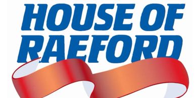 Logo of House of Raeford with blue text and a red ribbon.