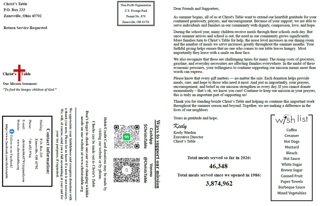 Christ's Table letter expressing gratitude and requesting support with a wish list and contact details.