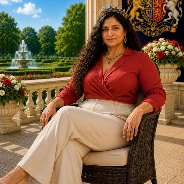 A woman wearing a crown sits outdoors with a fountain and garden in the background.