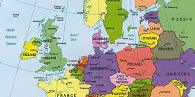 Map of Europe showing countries and capitals.