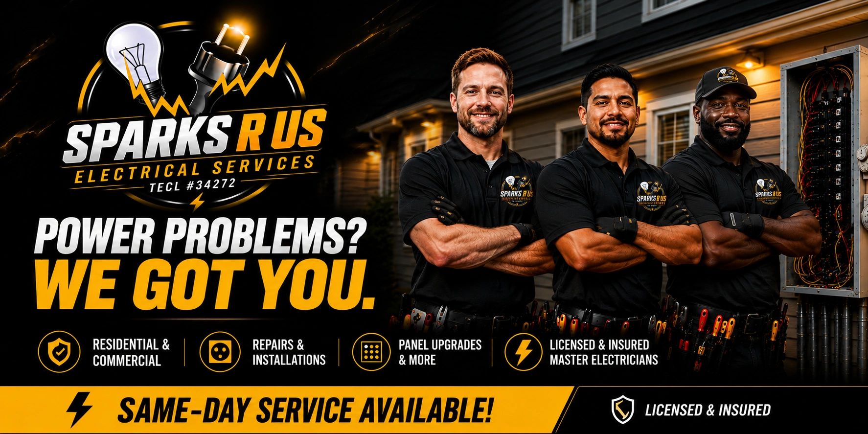 Three electricians from Sparks R Us pose confidently offering same-day electrical services.
