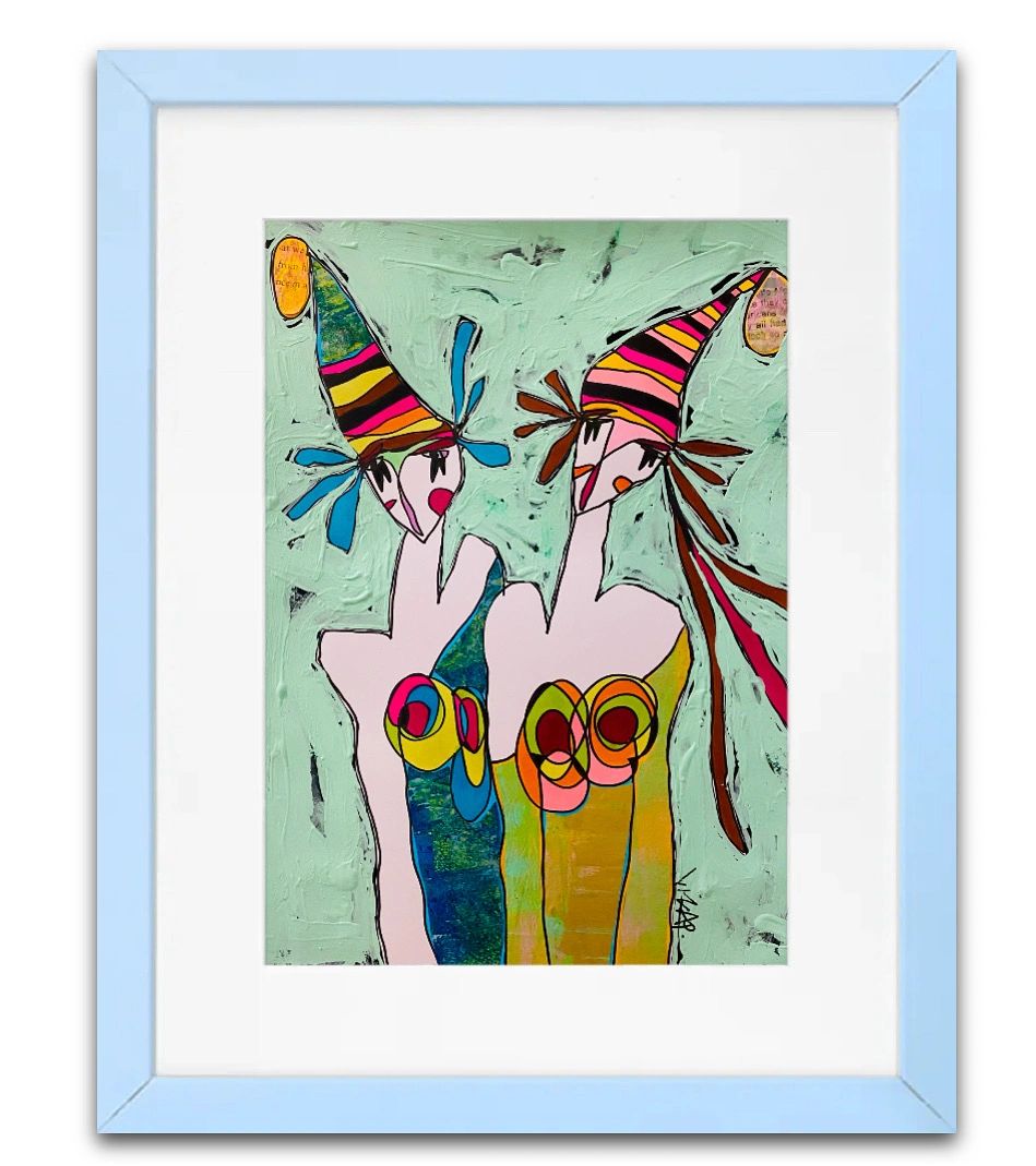 Abstract painting of two figures with colorful striped hats against a textured mint background.