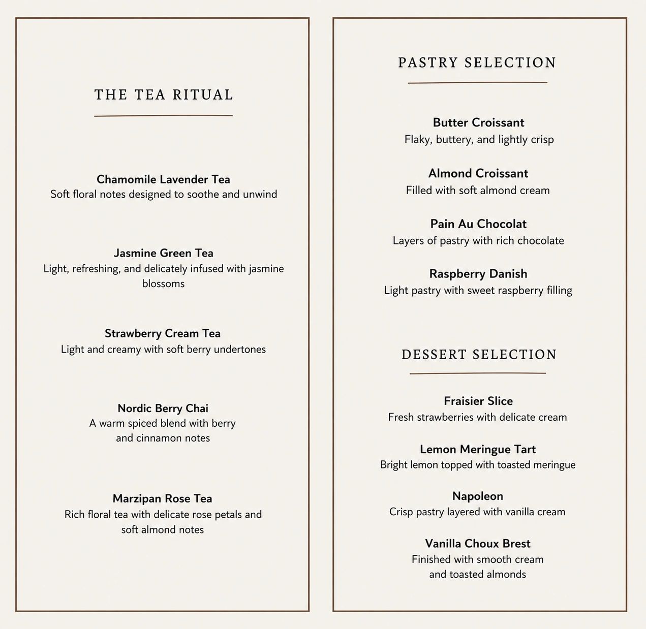 Elegant tea and pastry menu featuring floral teas and rich pastries.