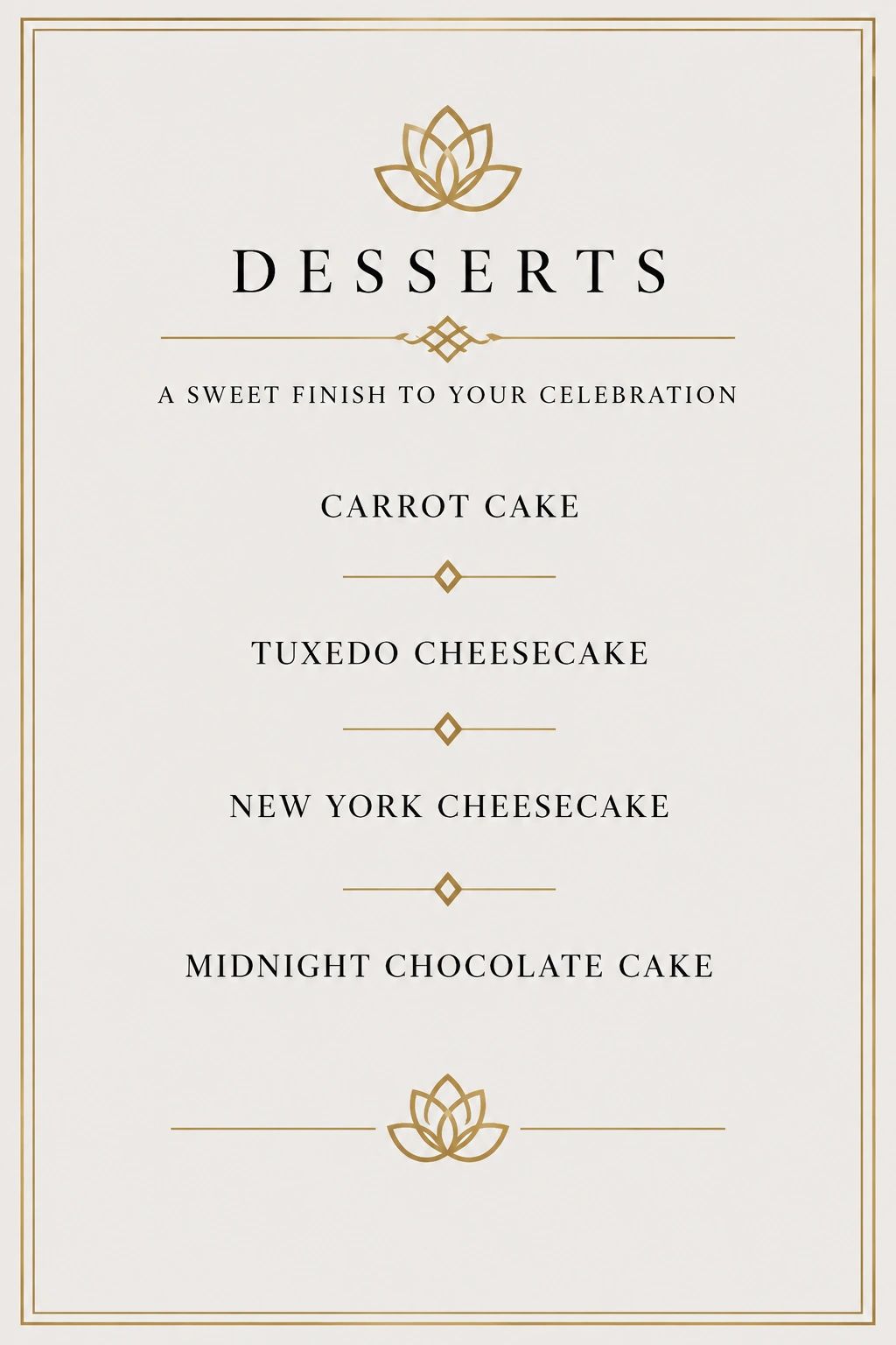 Elegant dessert menu with four cake options.