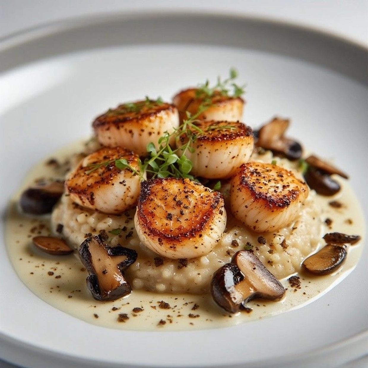 Seared scallops served on creamy risotto with mushrooms and herbs.