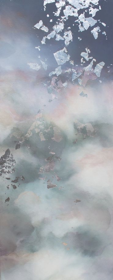 abstract painting: atmospheric style, rainy sky/clouds with silver leaf, soft pastel colors 