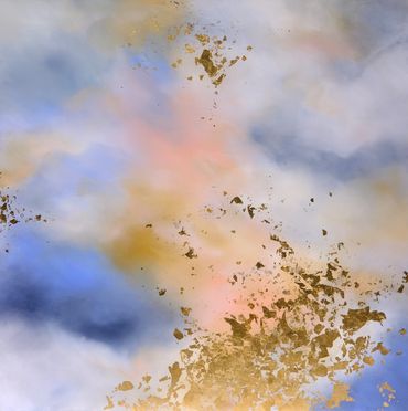 Abstract painting in soft pastel sunset colors, gold leaf, cloud forms in an atmospheric style