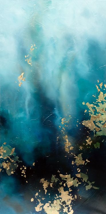 Abstract water painting in Tropical water blues and whites, gold leaf