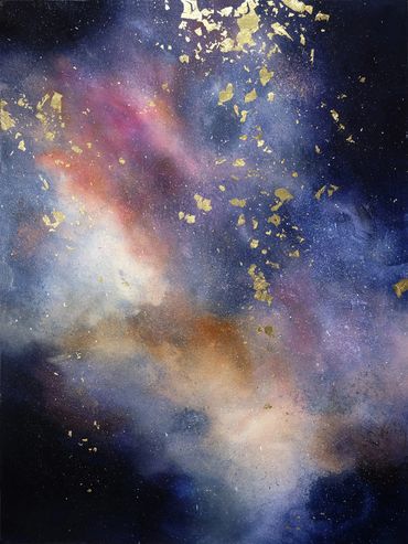 Abstract painting star field deep purple black, creams, tan, rose pinks, violets,gold leaf