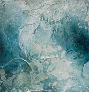Abstract water painting in atmospheric style: textured tropical water blues, whites, silver leaf, 
