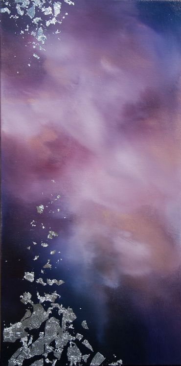 Abstract painting in atmospheric style purple, deep blue, creamy whites, golden tones, silver leaf