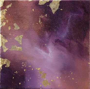 Abstract painting in atmospheric style: Various shades of purples and golds/rust and gold leaf 