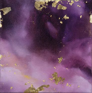 Abstract painting in atmospheric style: Various shades of purples and golds/rust and gold leaf