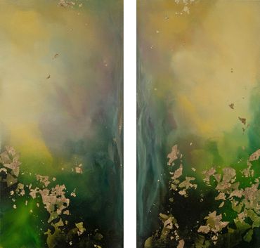 Abstract floral painting in atmospheric style: Yellows and greens with gold leaf